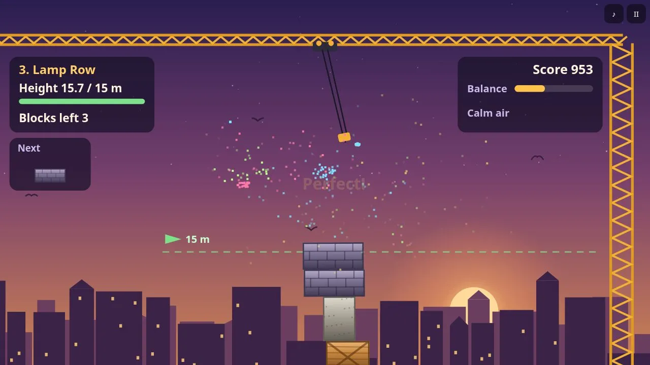 A taller tower of mixed blocks with the target height line, the balance meter and the next block preview
