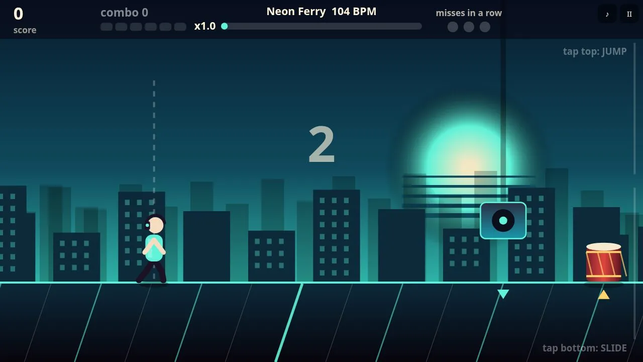 The count-in of Neon Ferry: a hanging speaker and two drums approach the runner on the beat grid