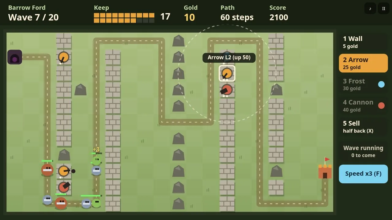 A serpentine maze with arrow and cannon towers firing at a column of enemies