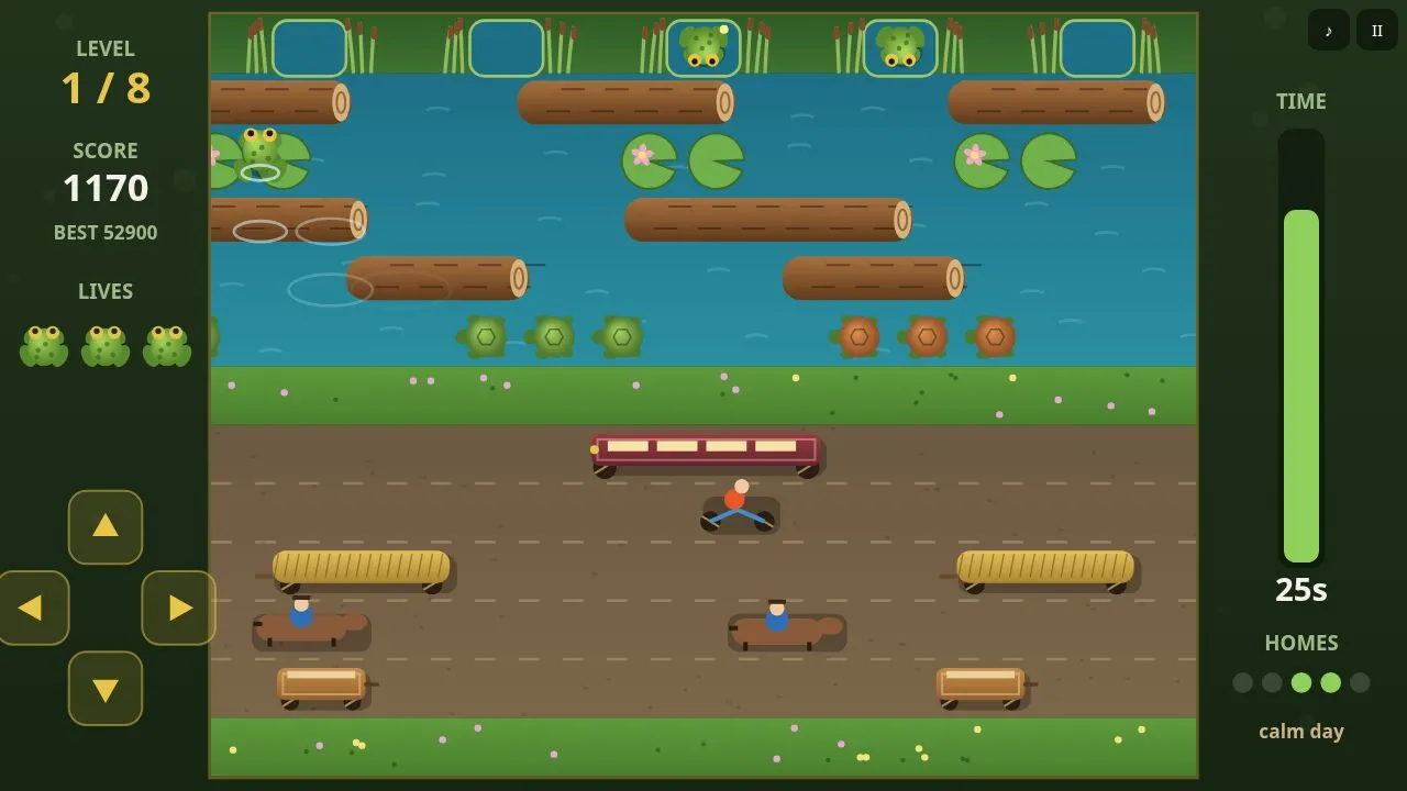 The toad crossing the country road between carts and riders, with the river and five reed homes above