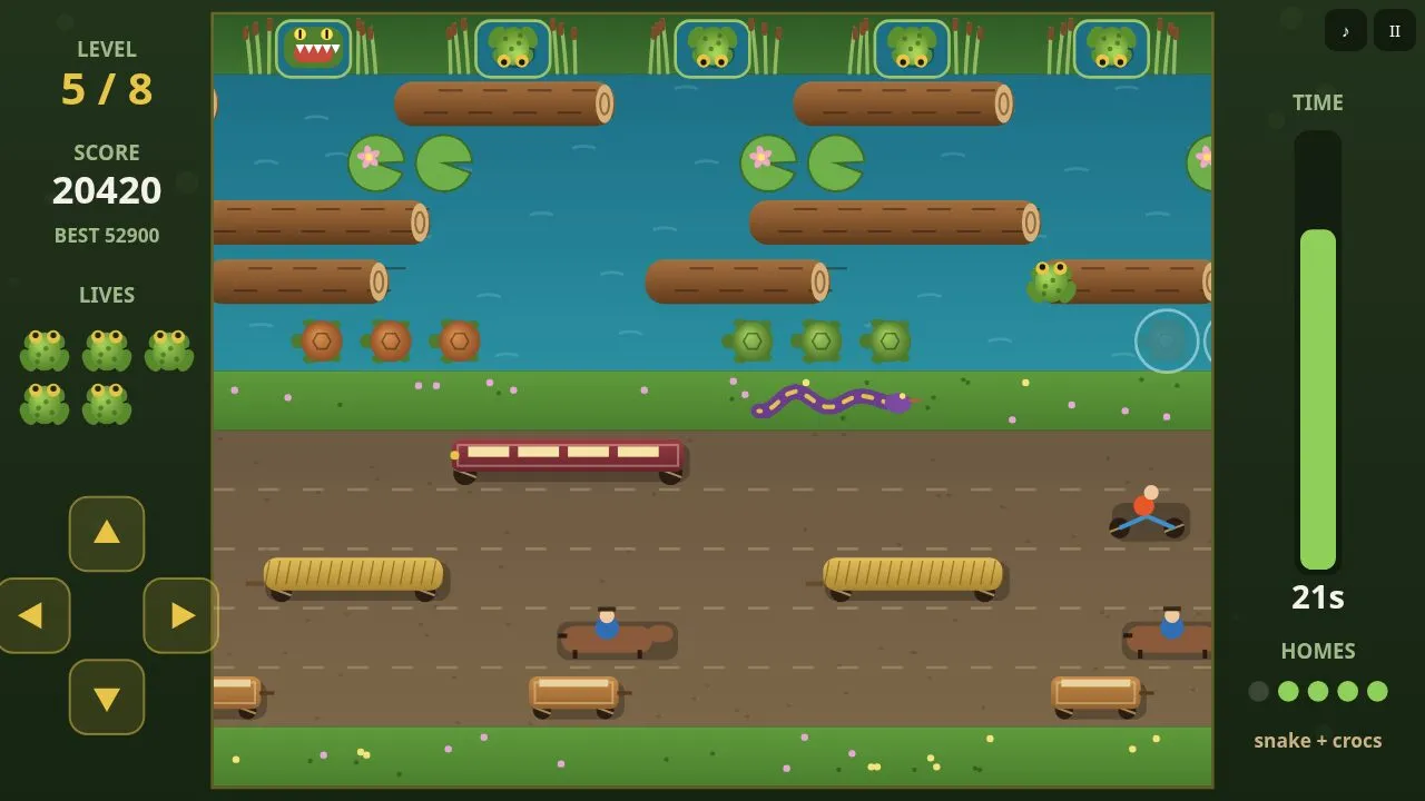 A later level with a snake on the middle bank and several homes already filled