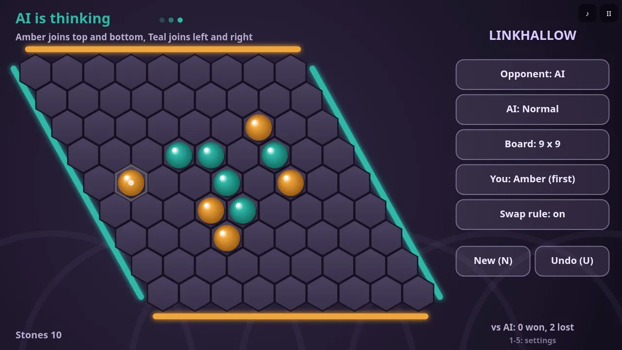 The middle of a game with chains of stones and the AI thinking
