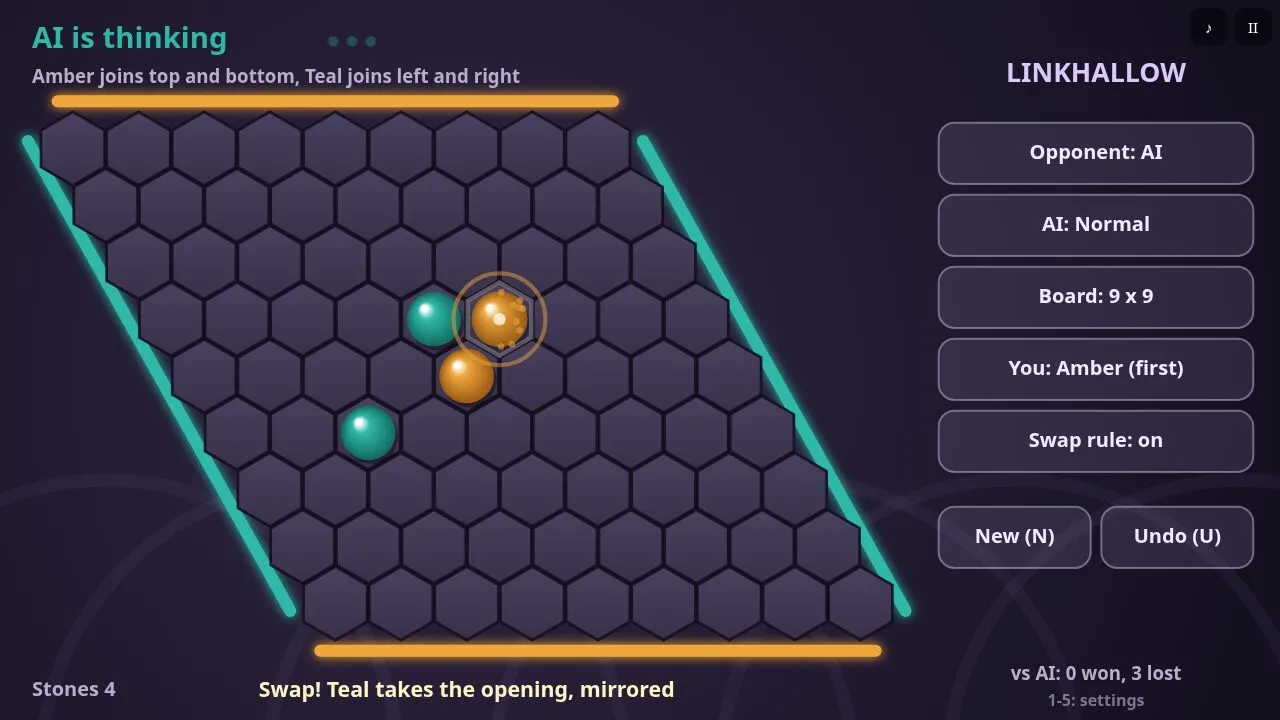 A later position with the settings panel for board size, strength and swap rule