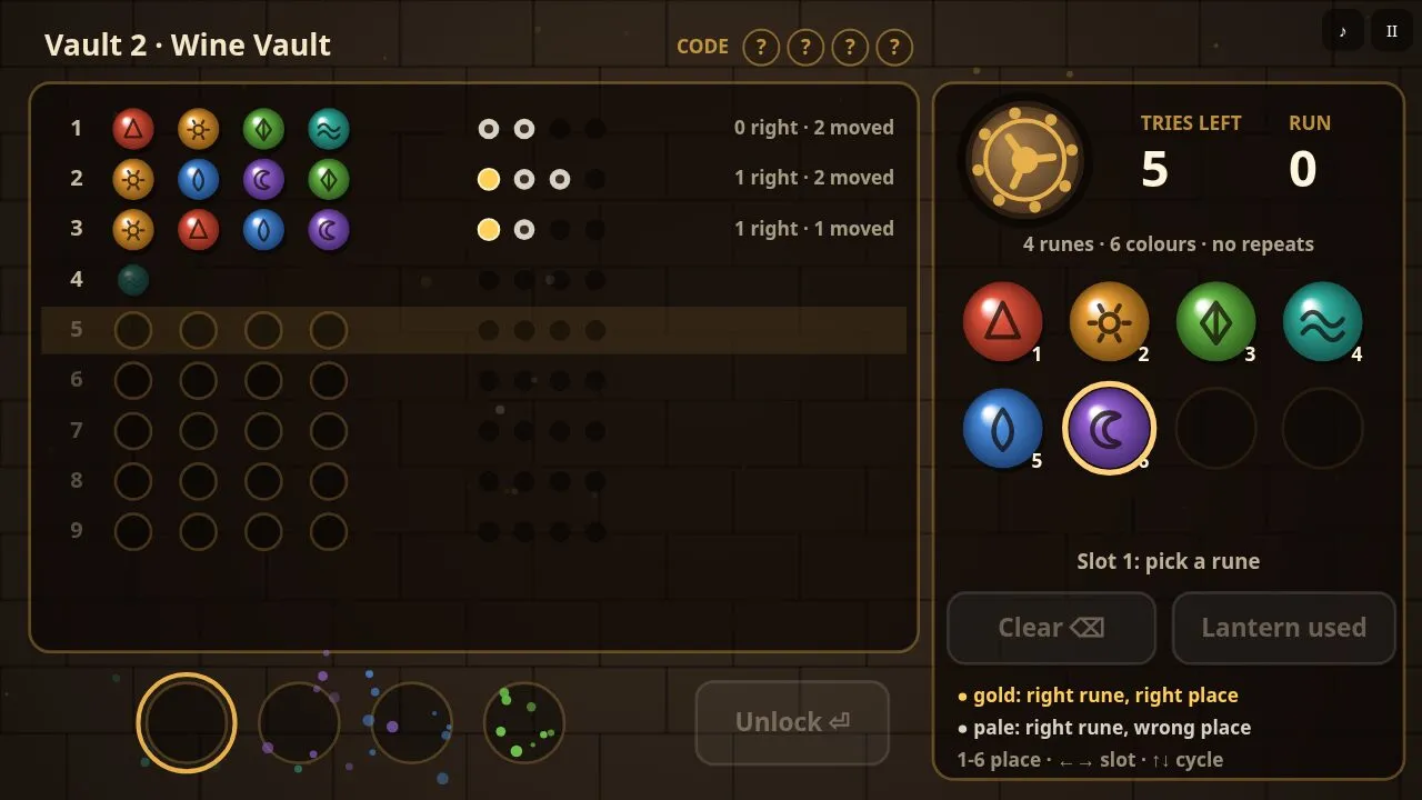 A vault board with several rows of coloured runes and gold and pale feedback pegs, the rune palette on the right