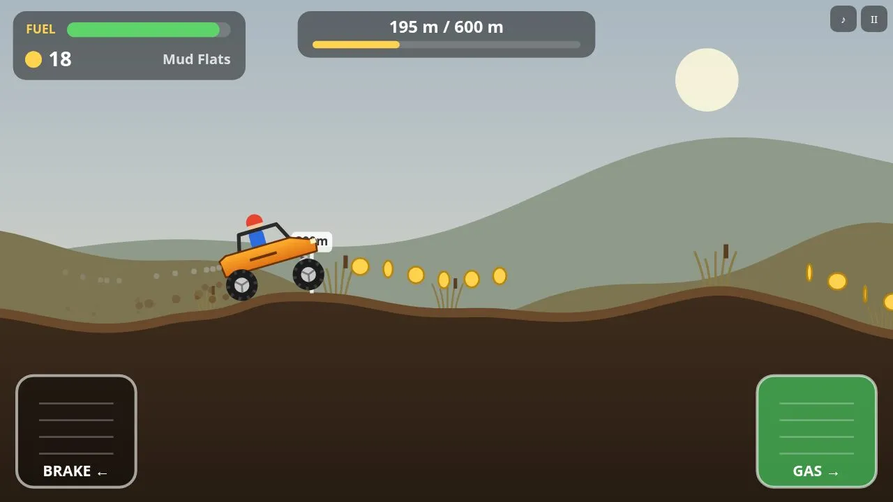 The orange buggy on the brown Mud Flats with reeds and a row of coins, fuel gauge and distance bar at the top, pedals at the bottom
