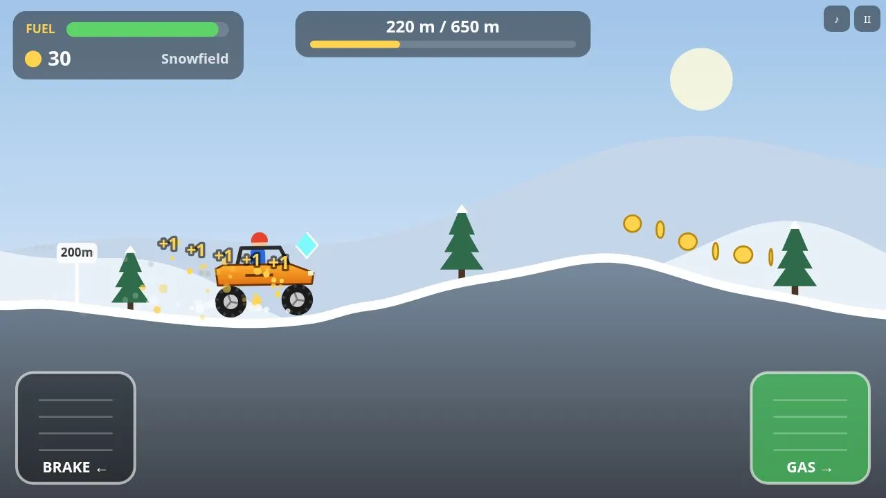 The buggy on the white Snowfield among pine trees, just after a fuel can