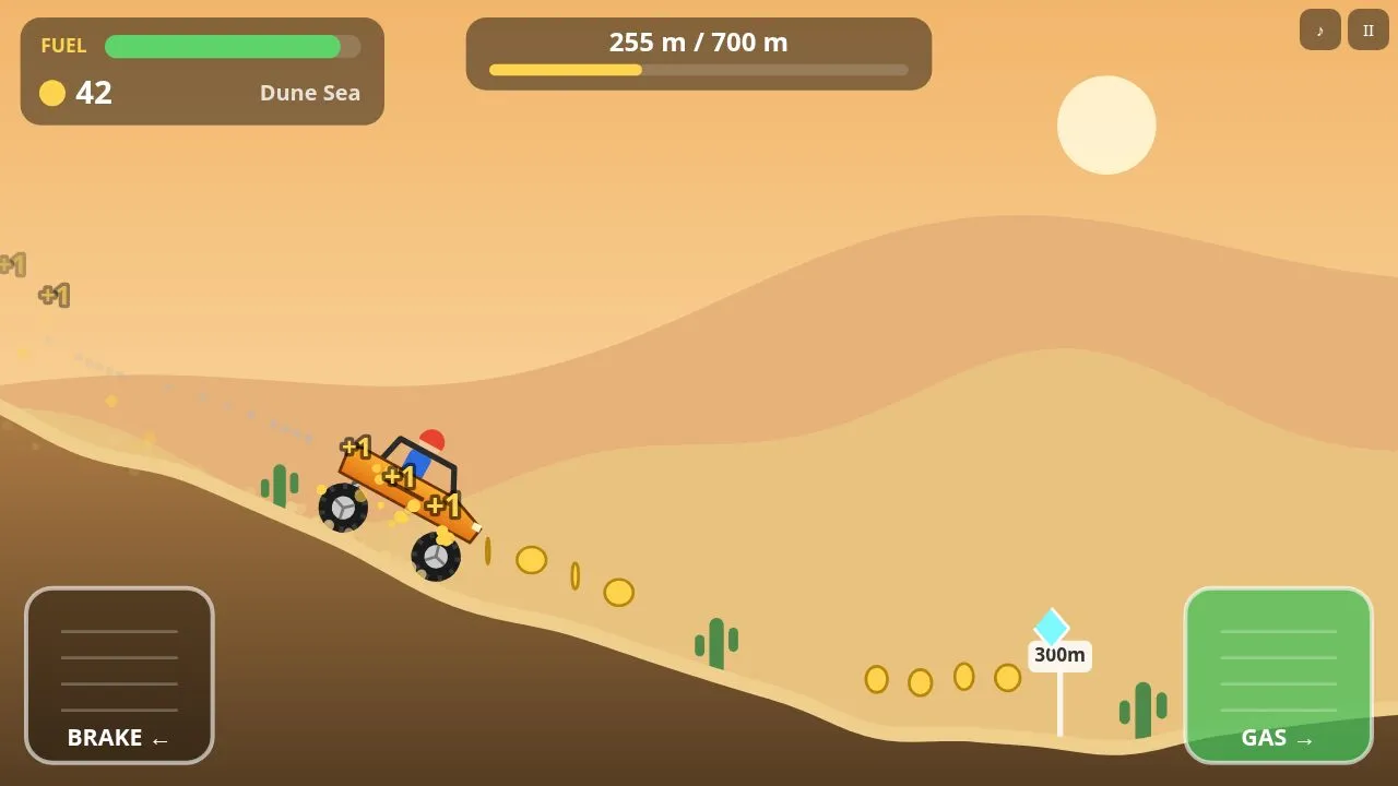 The buggy pitching down a steep dune in the Dune Sea with cacti and coins below