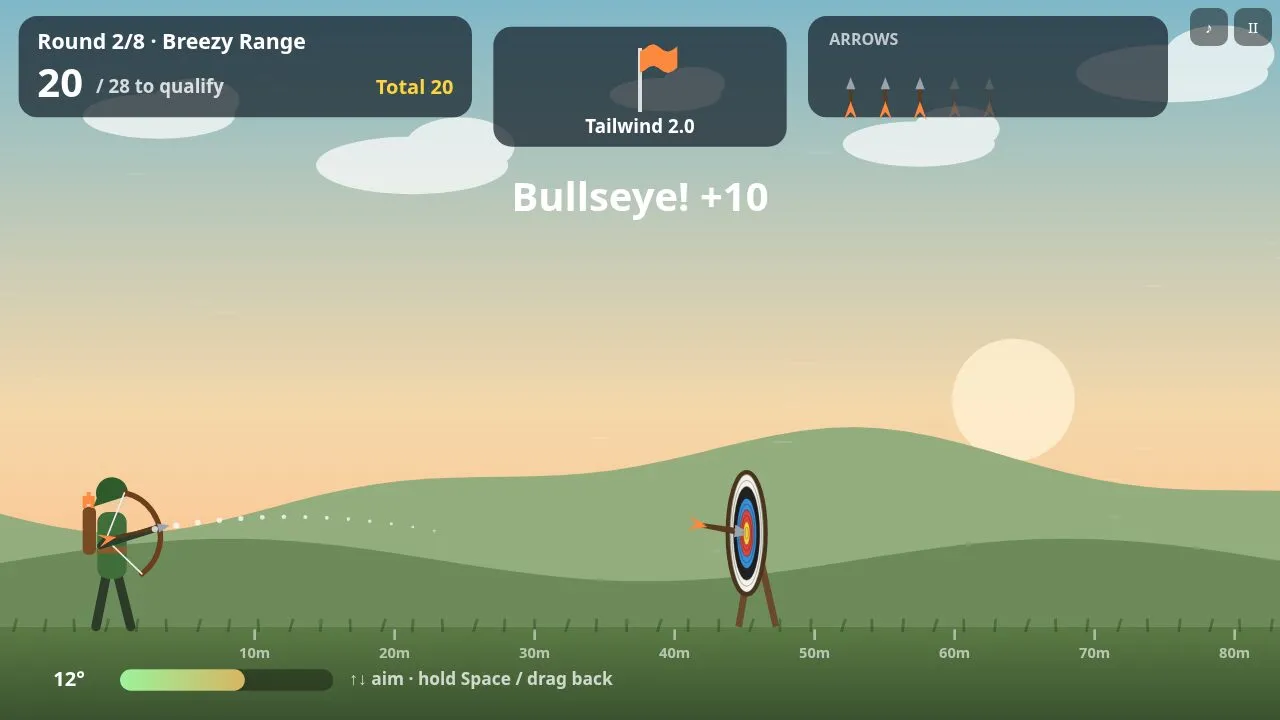A hooded archer on a meadow drawing a bow at a ringed target, with the wind flag and the round score at the top