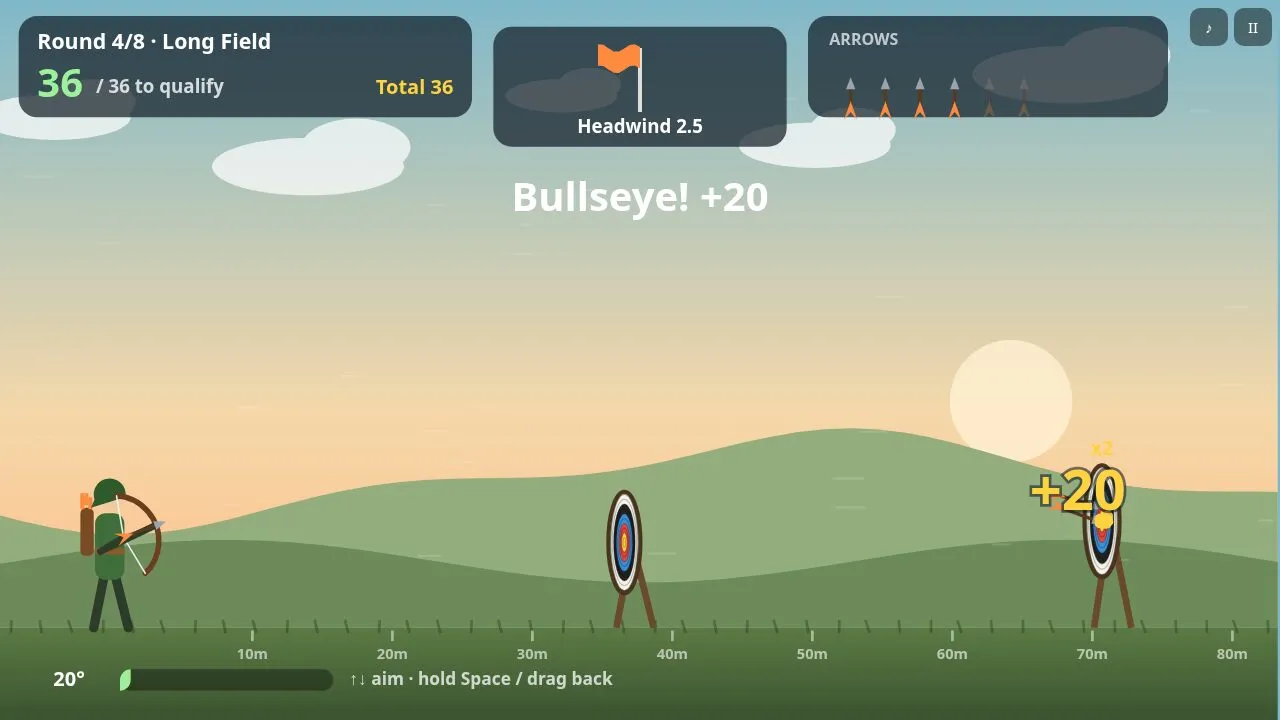 The Long Field round with a near target and a double-points far target hit in the gold, a headwind on the flag
