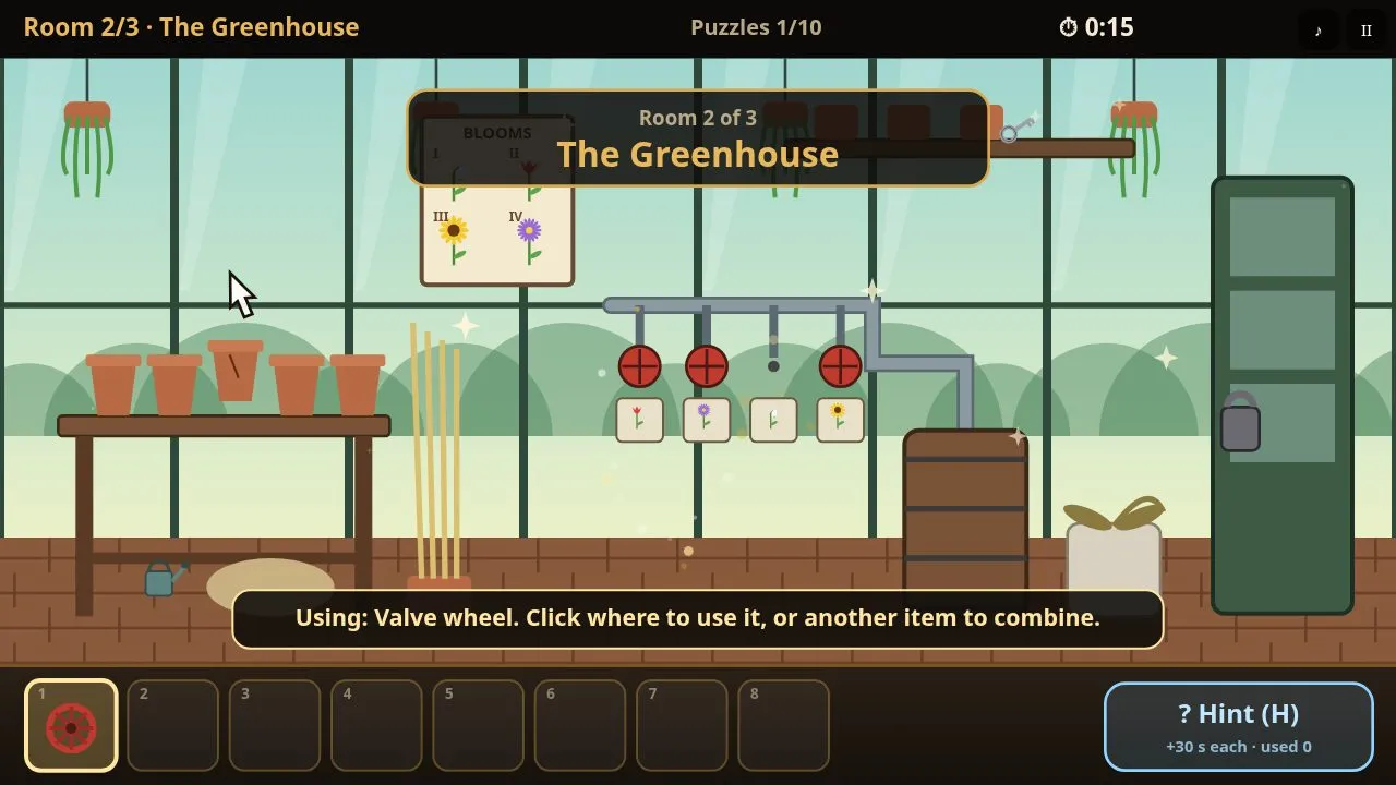 A greenhouse with flower pots, a bloom chart, water valves and a rain barrel
