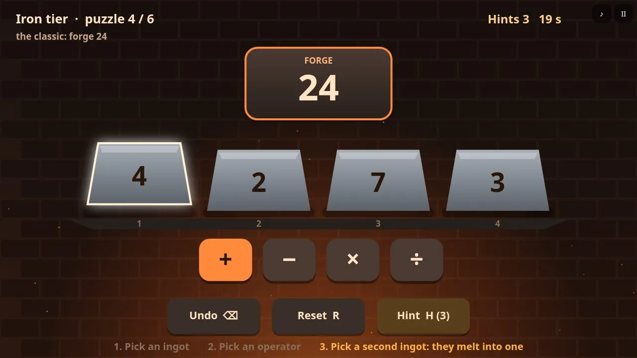 An iron tier puzzle forging 24 with all four operators
