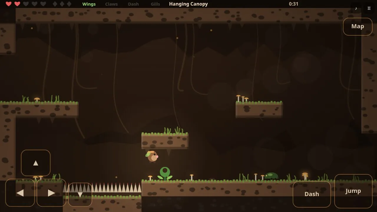 The mole crossing the Hanging Canopy room with ledges, thorns, a beetle and a spitting plant
