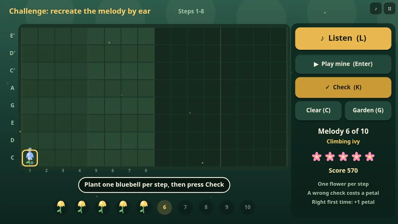 Challenge mode with a short melody being rebuilt by ear, check marks above the steps and five petals as lives